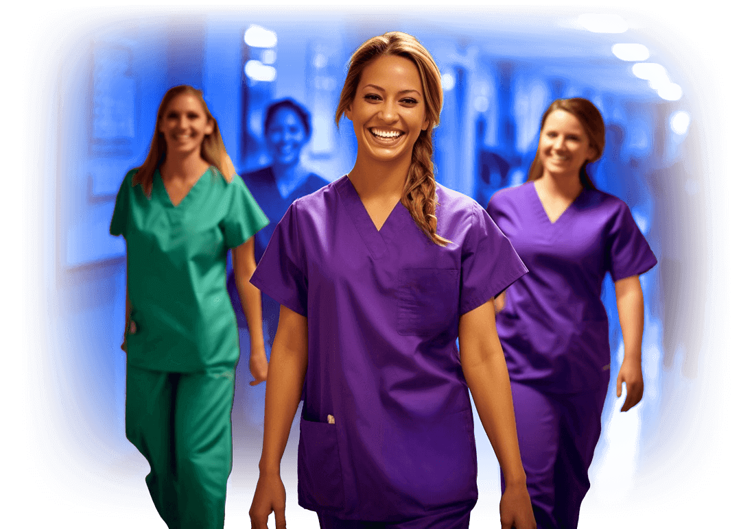 nurses in scrubs walking down hospital aisle